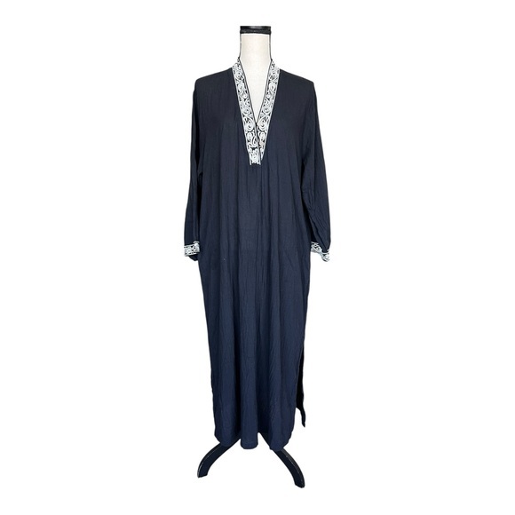 Oscar de la Renta Black Maxi Caftan Dress with White Accents Size L - Picture 1 of 8